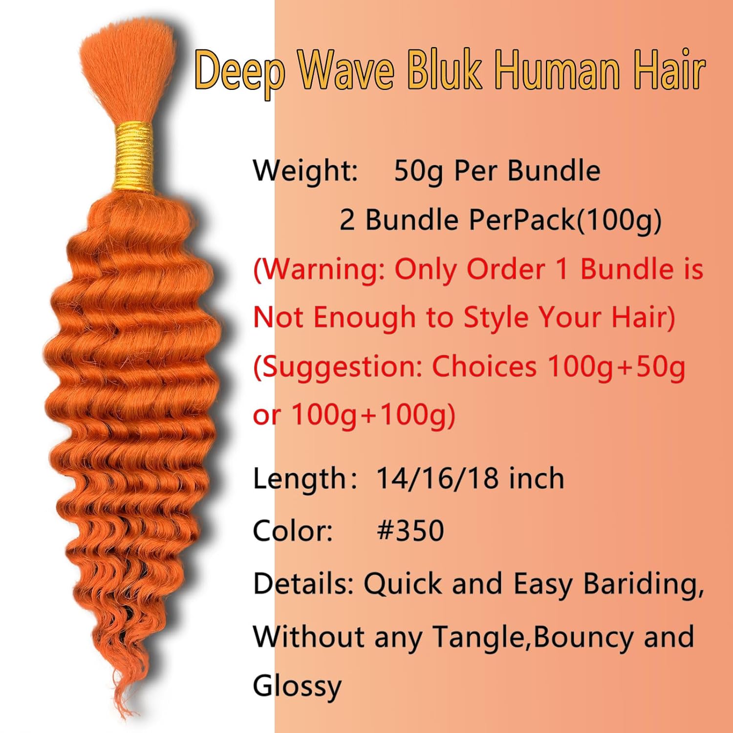 Ginger Human Braiding Hair 16 Inch 100 g 2 Bundle Deep Water Wave Bulk Human Hair for Braiding Curly Human Hair for Boho Braids Wet and Wavy Human Hair Extensions No Weft Micro Braiding Hair