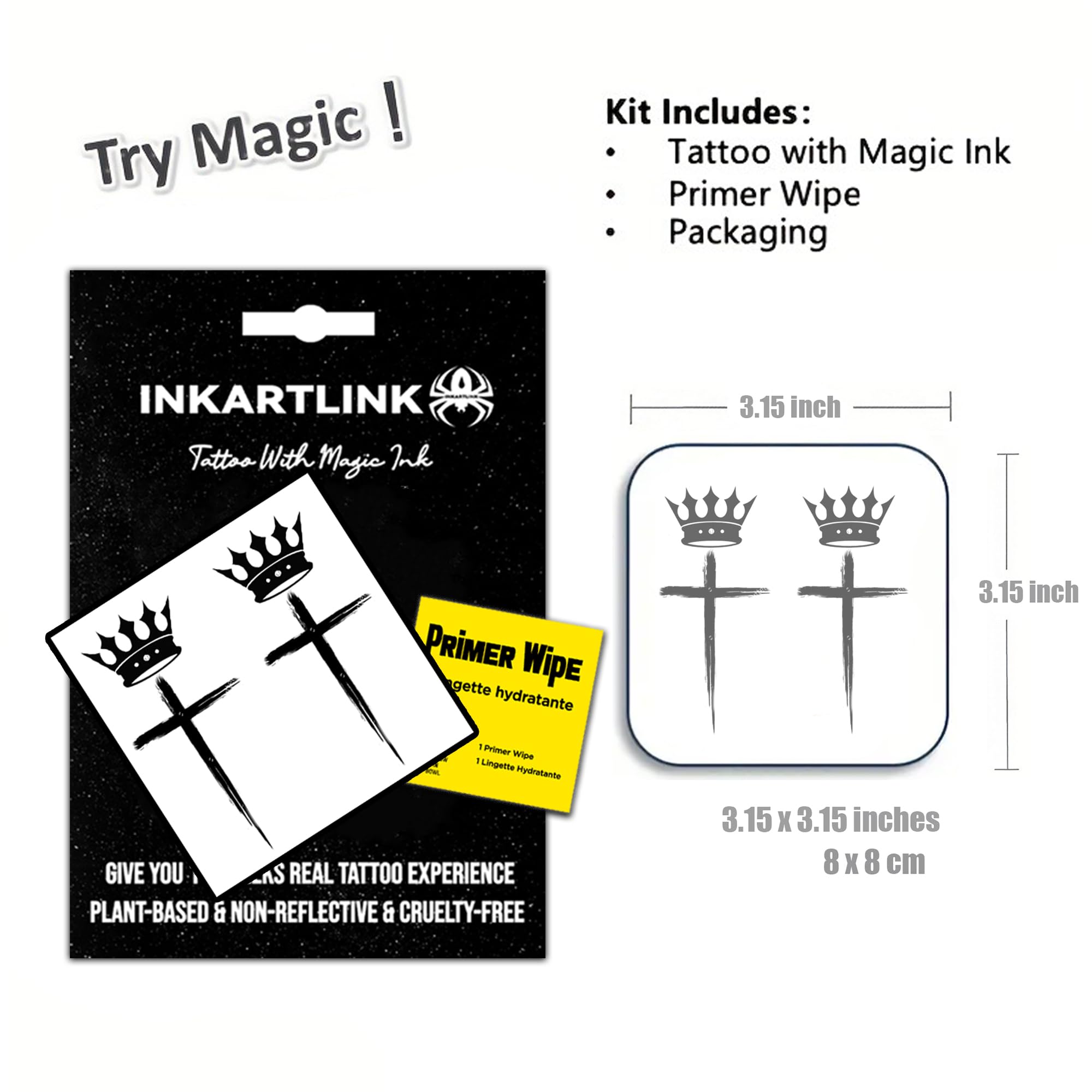 INKARTLINK revolutionary technology, semi permanent temporary tattoo, gift for cool guys, exquisite packaging, waterproof, cruelty-free, non-reflective (Crown Cross)