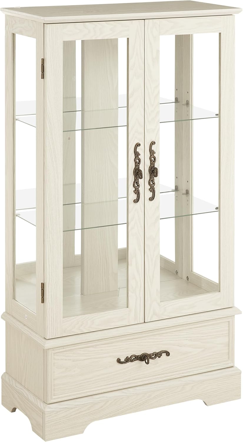 Lighted Wooden Curio Display Cabinet with 1 Drawer,White Curio Cabinet with Tempered Glass Door/2 Glass Shelves,Vintage Curio Cabinet,E26 Light Bulb Included