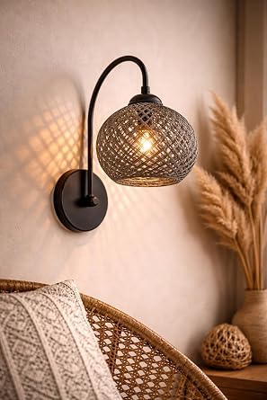 Jüt Duvar Aplik, Hasır Küre Duvar Lambası, Metal Gövdeli Modern Rustik Duvar Aydınlatma, E27 Duy Uyumlu Salon Yatak Odası Aplik – HMY Design (Yesil) [Enerji Sınıfı A]