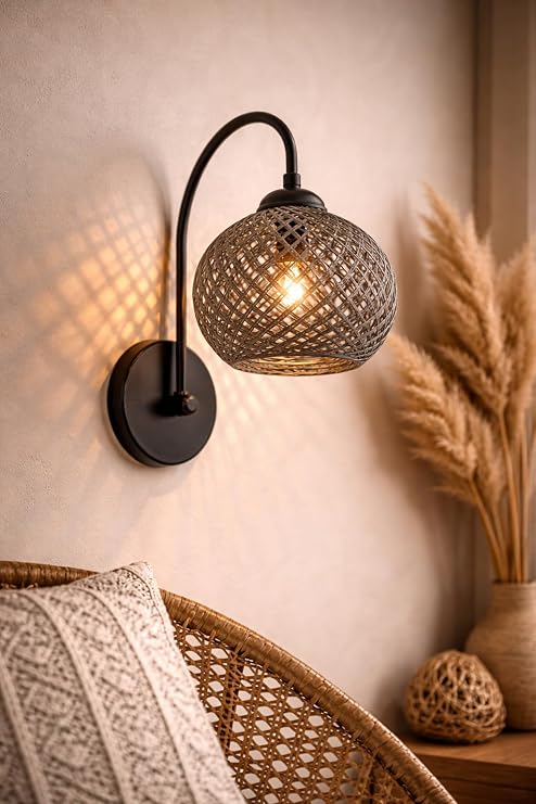Jüt Duvar Aplik, Hasır Küre Duvar Lambası, Metal Gövdeli Modern Rustik Duvar Aydınlatma, E27 Duy Uyumlu Salon Yatak Odası Aplik – HMY Design (Yesil) [Enerji Sınıfı A]