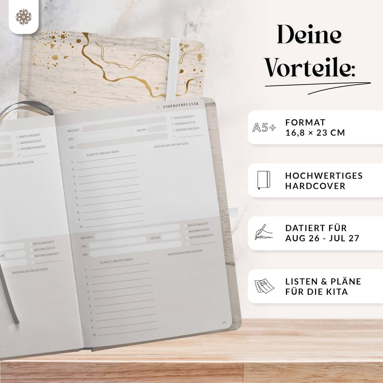 Lebenskompass® Kita Planer 2026/2027 SAND - Erzieher Kalender 26/27 A5+ mit Wochen- & Monatsübersicht, Dienst- & Urlaubsplanung, Achtsamkeitsimpulsen