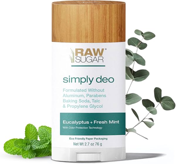 Barra de desodorante RAW SUGAR, Simply Deo (Paquete de 1) Desodorante corporal para mujer y hombre, formulado limpio sin aluminio, bicarbonato de sodio, talco ni parabenos, aroma a eucalipto y menta fresca (Paquete de 1)