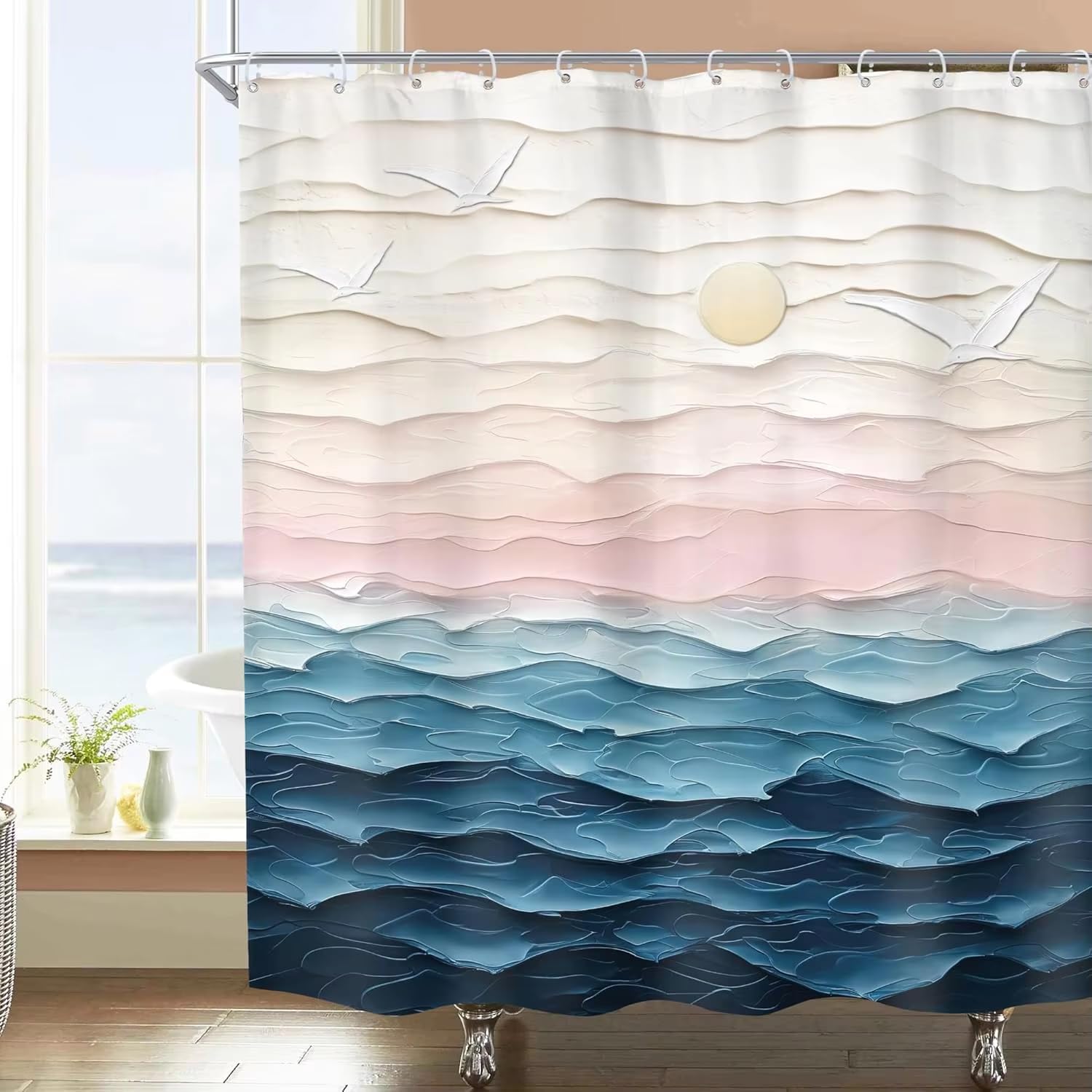 Rideau de douche abstrait bleu plage grand format pour douche italienne