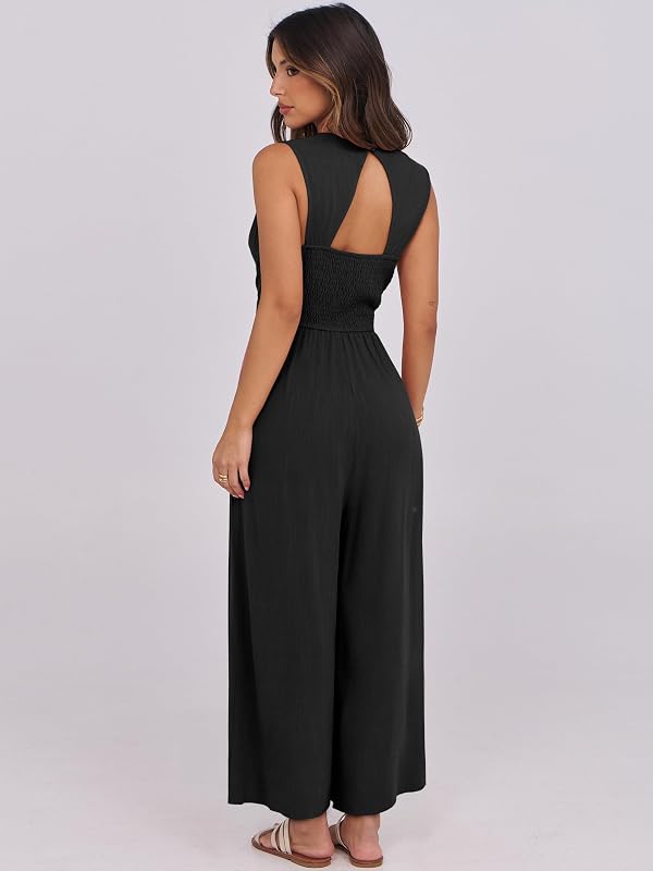 ANRABESS Women's Linen Sleeveless Wrap Jumpsuits,Black,L image 4