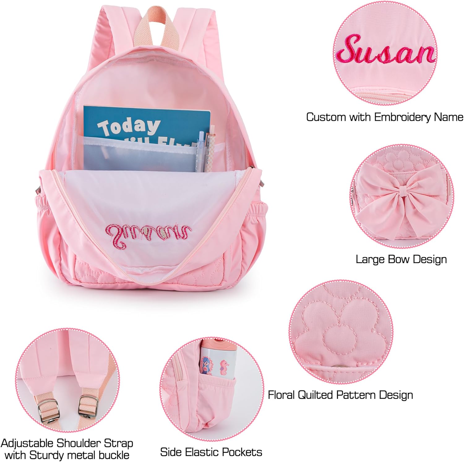 Daycare Backpack Custom Small 12inch Backpack with Embroidery Name Pink Flower Quilted Backpacks with Cute Bow Pink Dance Backpacks Diaper for Travel Weeekender Overnight Birthday Gifts