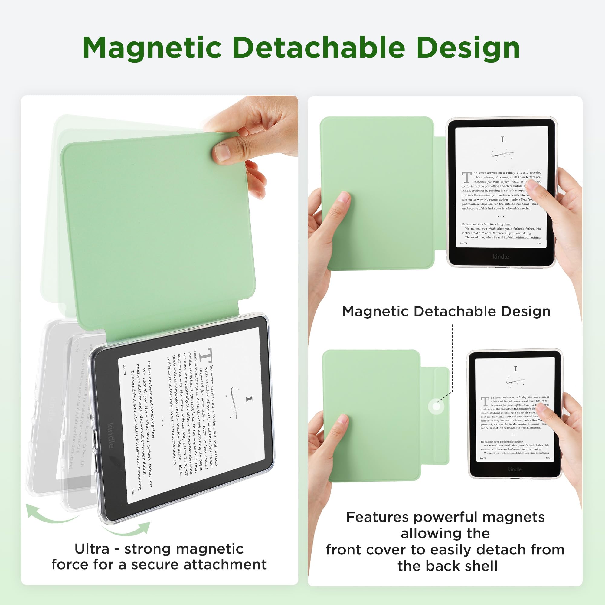 SESENSE Custodia magnetica staccabile per Kindle Paperwhite 12a generazione 2024 e Kindle Colorsoft Signature Edition, custodia sottile in PU con accensione e spegnimento automatico, verde matcha