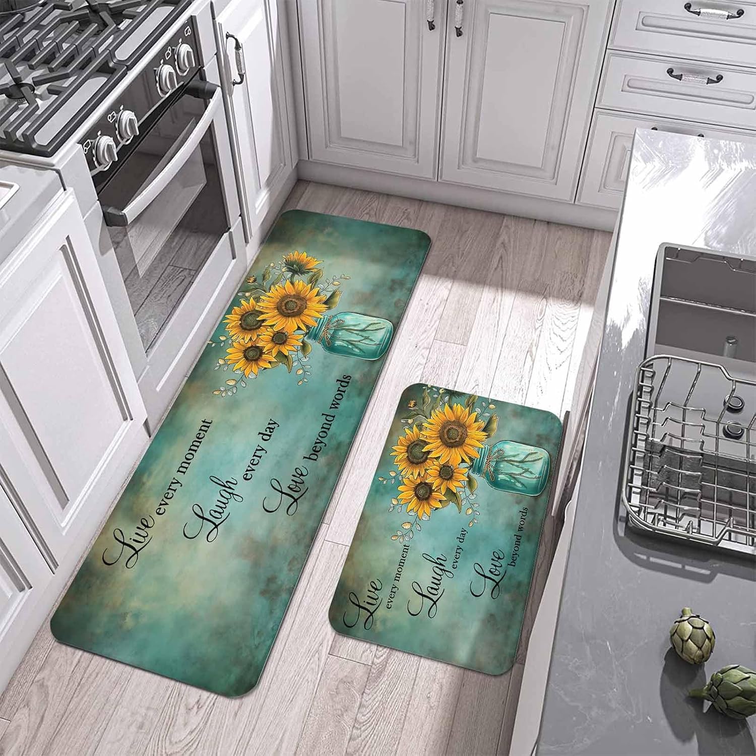 Sunflowers Kitchen Mat Set 2 Pieces Laugh Live Love Retro Turquoise Background Non Slip Kitchen Rugs Washable Runner Rug Mats for Kitchen Sink Laundry Office (19.7" x 31.5"+19.7" x 47.2")