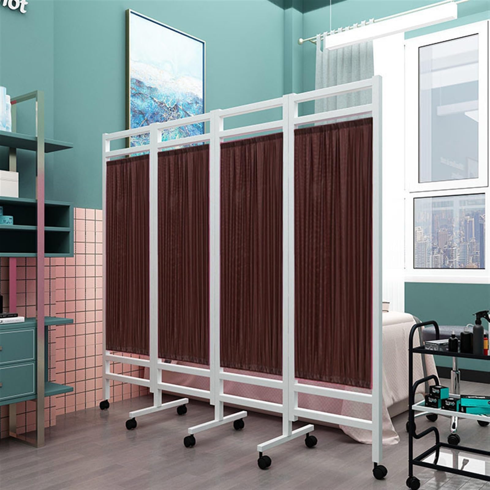 Paravent d'intimité pliable avec roulettes, tissu de soie en nylon durable pour salle de bain, salon de beauté, musée de santé, design à 4 panneaux