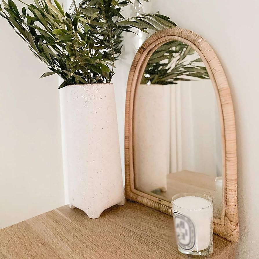 ヴィンテージ アーチ型ラタン枠 フレームミラー ホワイト 籐 大型