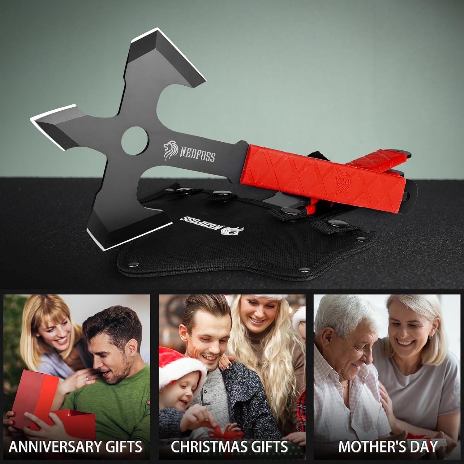 NedFoss Axe Throwing, 11.9" Full Tang Triple Edge Throwing Axe with Sheath TPE Rubber Handle, Axe Throwing Set 3, Axe for Throwing Gifts for Women Men