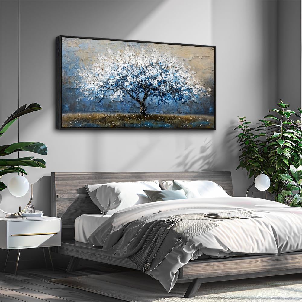 KELIYUAN Large Canvas Wall Art For Living Room Abstract Tree Wall Decor For Bedroom Wall Painting Blue Tree Picture Black Framed Office Dining Room Decor Artwork Hotel Room Mural Home Decor 20"X40"