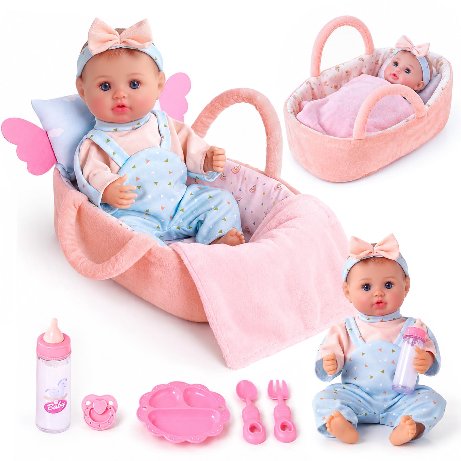 12 Inches Baby Doll Set with Bassinet, 10 Pcs Doll Playsets Accessories
