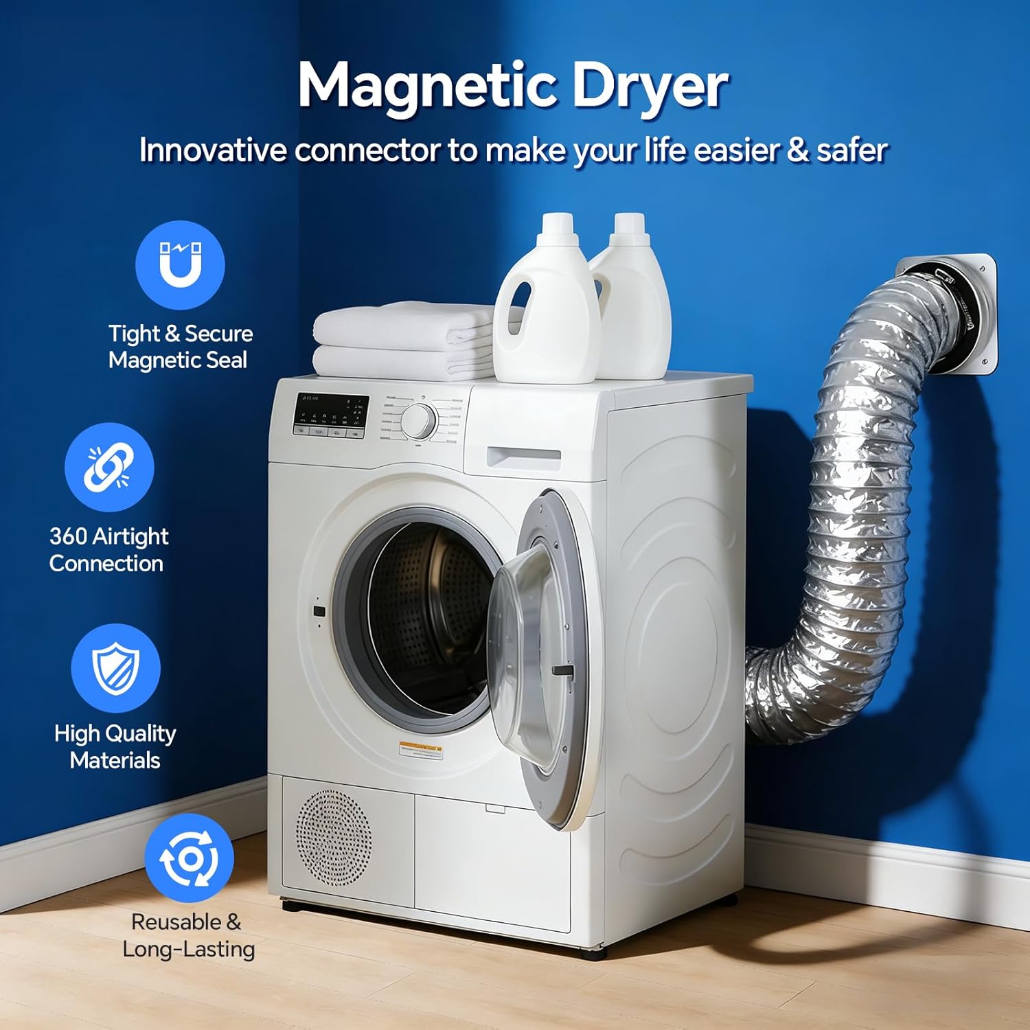 DV180 Magnetic Dryer Vent Connector, Airtight Seal, Quick Connect, Easy to Clean Lint, 3.3ft 4" Duct with Two Clamps