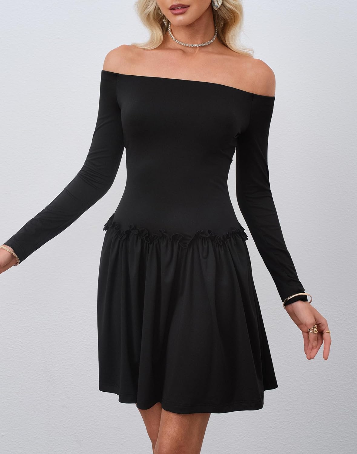 HYPERFIRE Women's Long Sleeve Off The Shoulder Mini Dress Drop Waist Short Party Dresses - Image 6