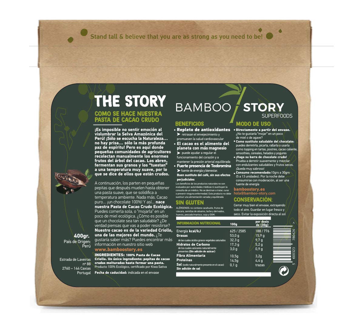Crudo | BAMBOO STORY | Pasta Cacao en Obleas | Criollo | Ecológico/BIO | 100% Cacao | Sin Azúcar | 400 g | Origen 100% Perú