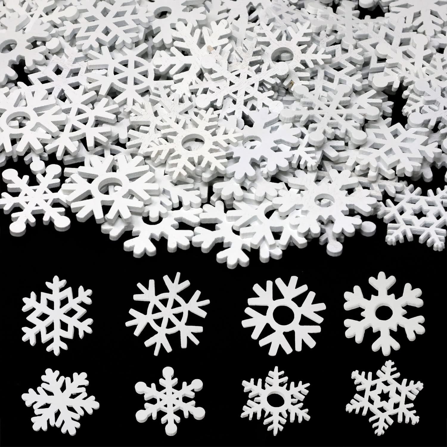 Honbay 100PCS Christmas Snowflakes Wood Slices Snowflake Wooden Embellishments Ornaments for Winter Xmas Tree Craft Decorations