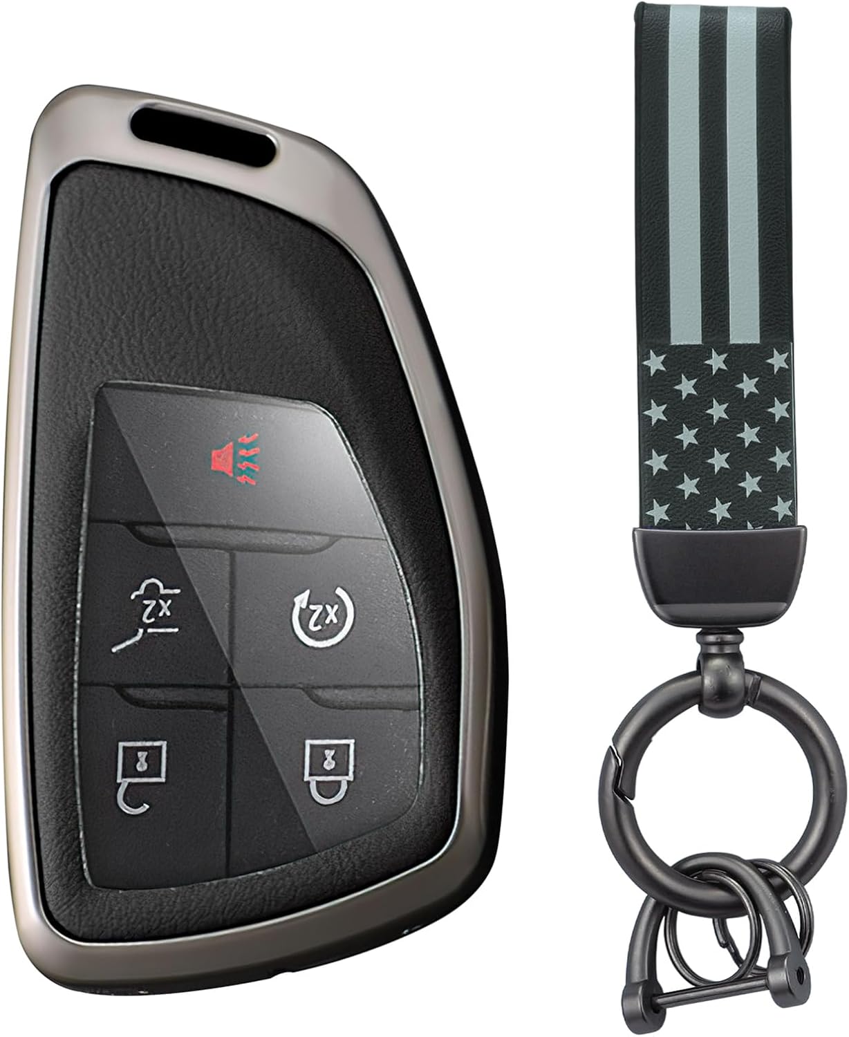 KUNIO Metal Car Key Fob Cover Fit for Buick Envision 2023 fit for Chevy Suburban Tahoe Silverado GMC Yukon Smart Remote Key Fob Cover USA Flag Keychain Key Holder Black