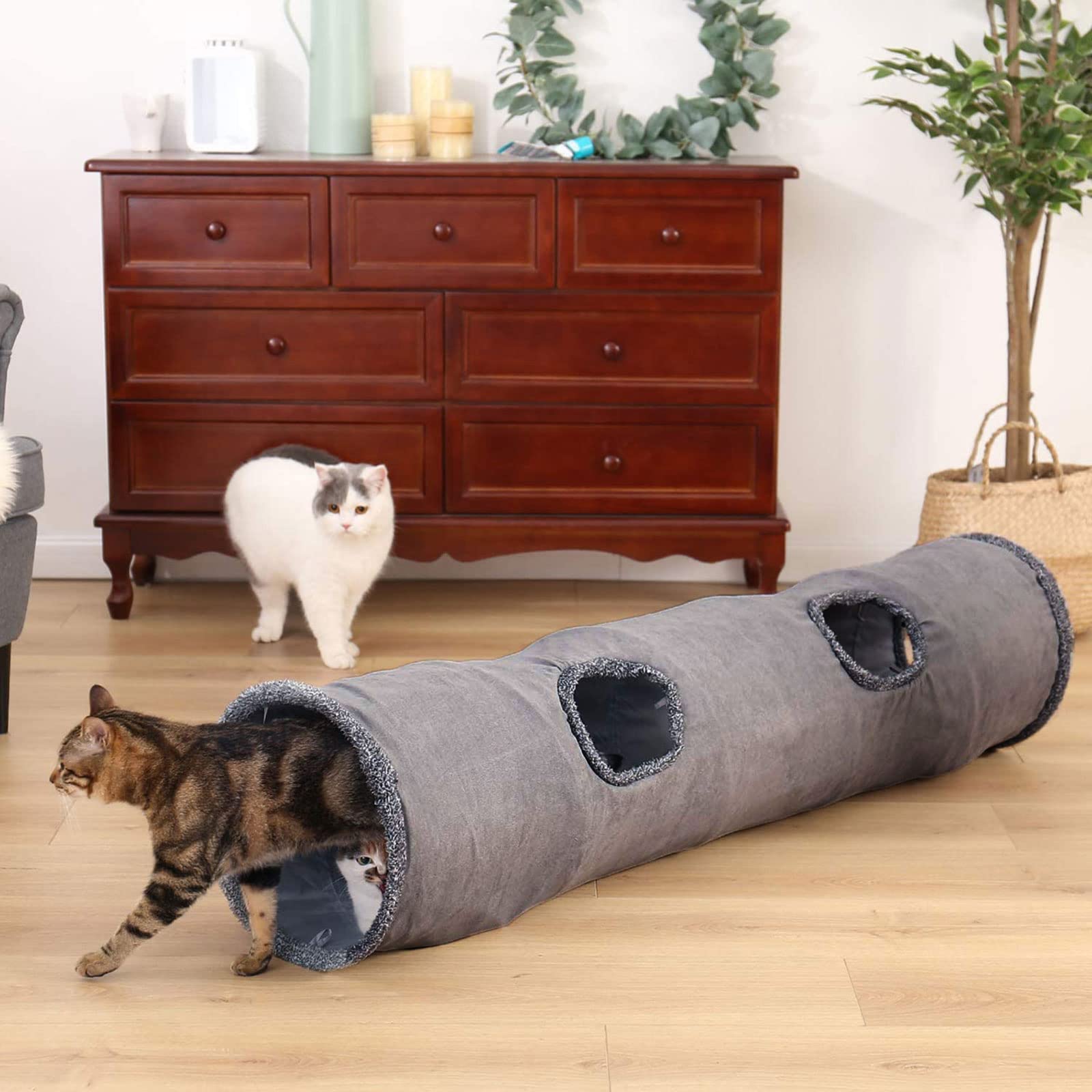 Tubo de túnel plegable para gatos con agujeros de mirada para aliviar el aburrimiento para interiores para C