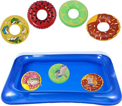 Lizard Bath Pool & Collar Rings Set - Inflatable Reptile Bathing Swimming Pool Bathtub Reptile Swim Float Ring for Leopard Gecko Amphibians Habitat Accessories Grooming Health Supplies Blue
