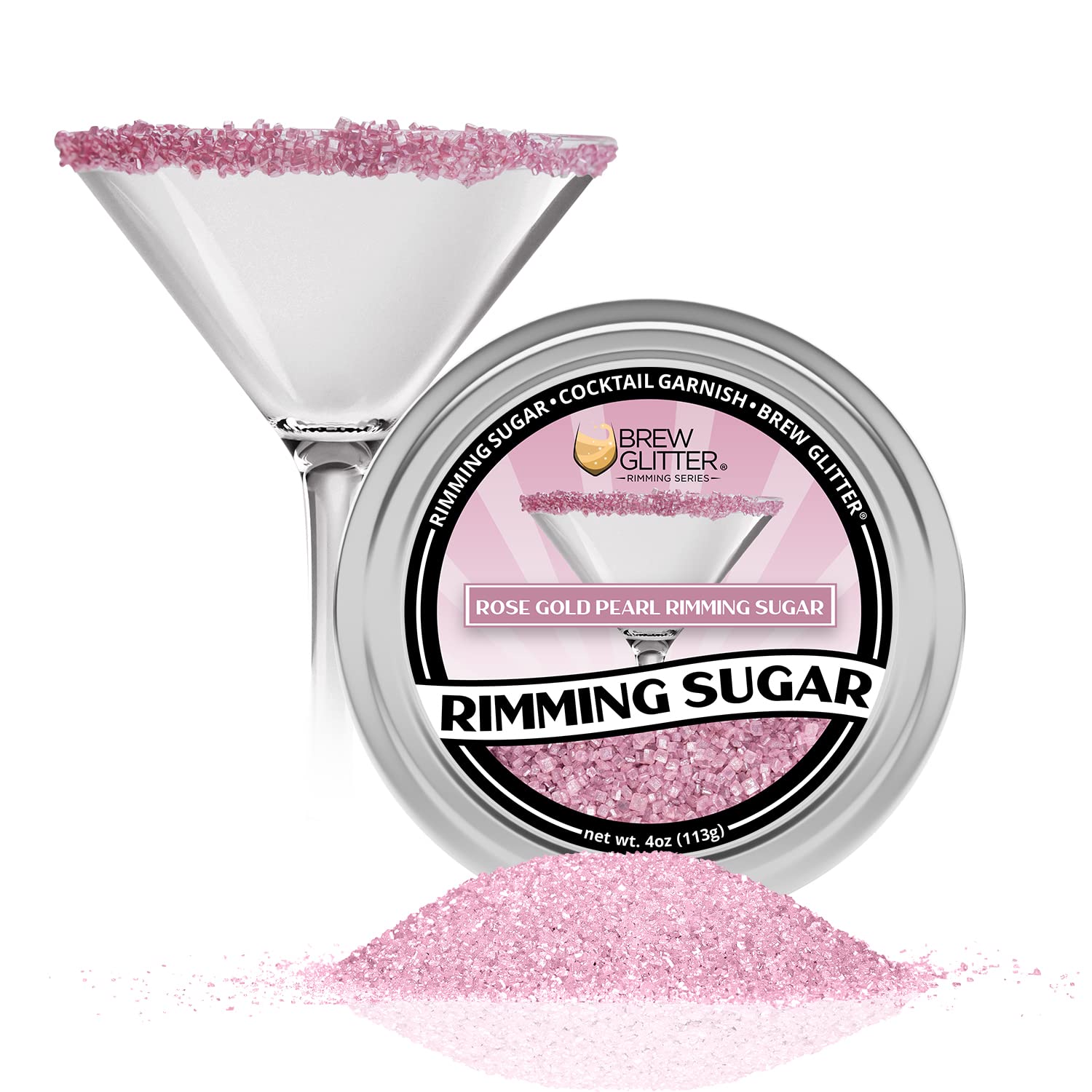 Brew Glitter - Rose Gold Pearl Rimming Sugar (4oz, 1x Bar Tin) Sweet Cocktail Garnish for Mixed Drinks & Refreshments