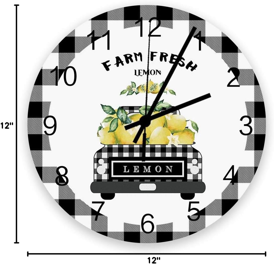 12 Inch Wall Clock Silent Bedroom Wall Clock Black White Plaid Background Buffalo Check Truck Lemon Modern Rustic Clocks for Walls Decor Round Clock for Kitchen/Bathroom/School/Office 12x12inch