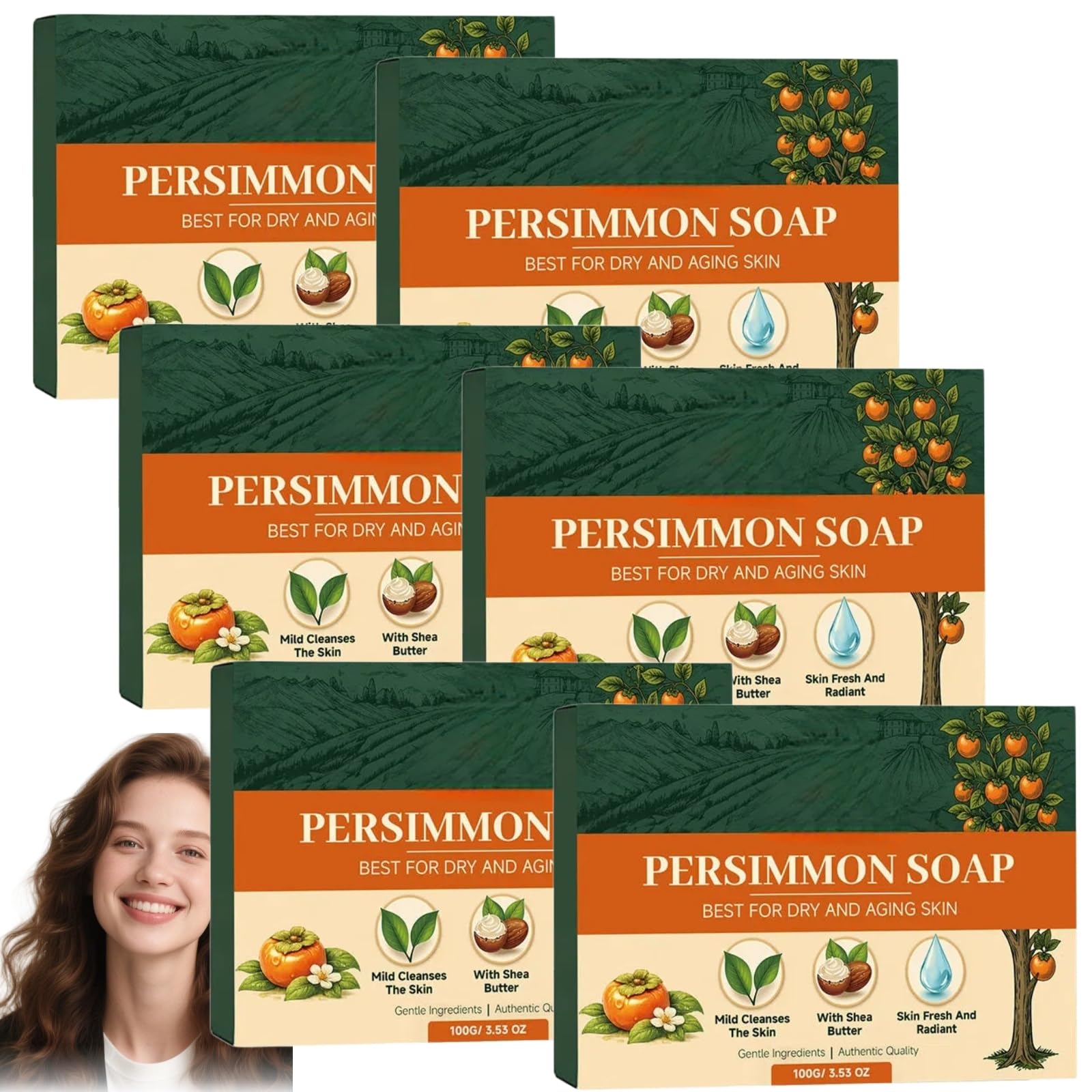 Sapone giapponese kaki contro gli odori sgradevoli, sapone naturale deodorante per il corpo con estratto di cachi, senza solfati, senza tensioattivi, idratante per pelli mature e secche (6 pezzi)