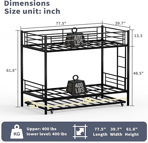 Miniatura 2 de Bellemave Litera de metal con nido, literas de tamaño individual sobre individual con barandilla y escalera para niñosadolescentes, adultos, se
