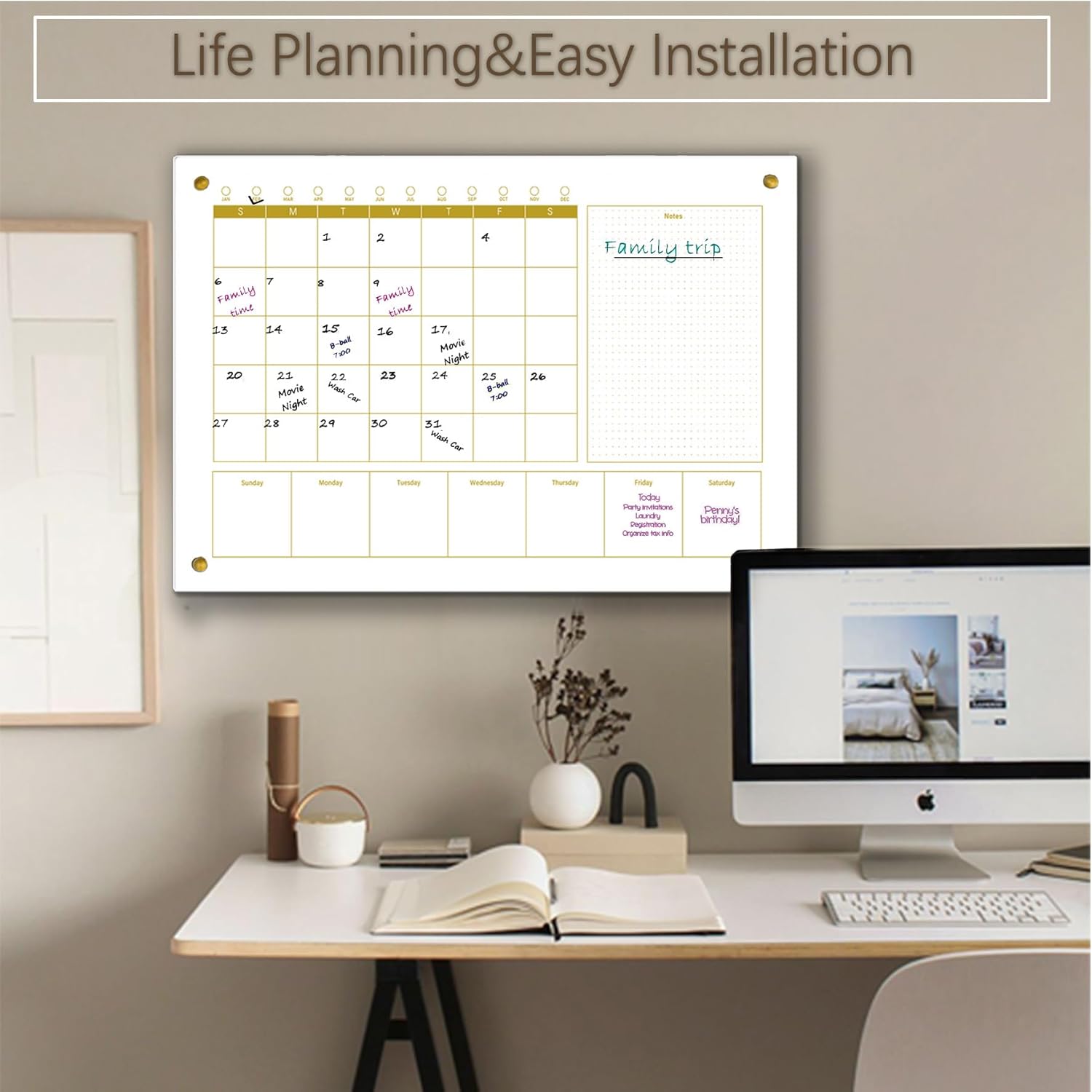 Glass 3-1 Golden Monthly Dry Erase Calendar Whiteboard for Wall,24"x 36",Frameless Mounting,Office/School/Home, Frameless Large Planner White Board