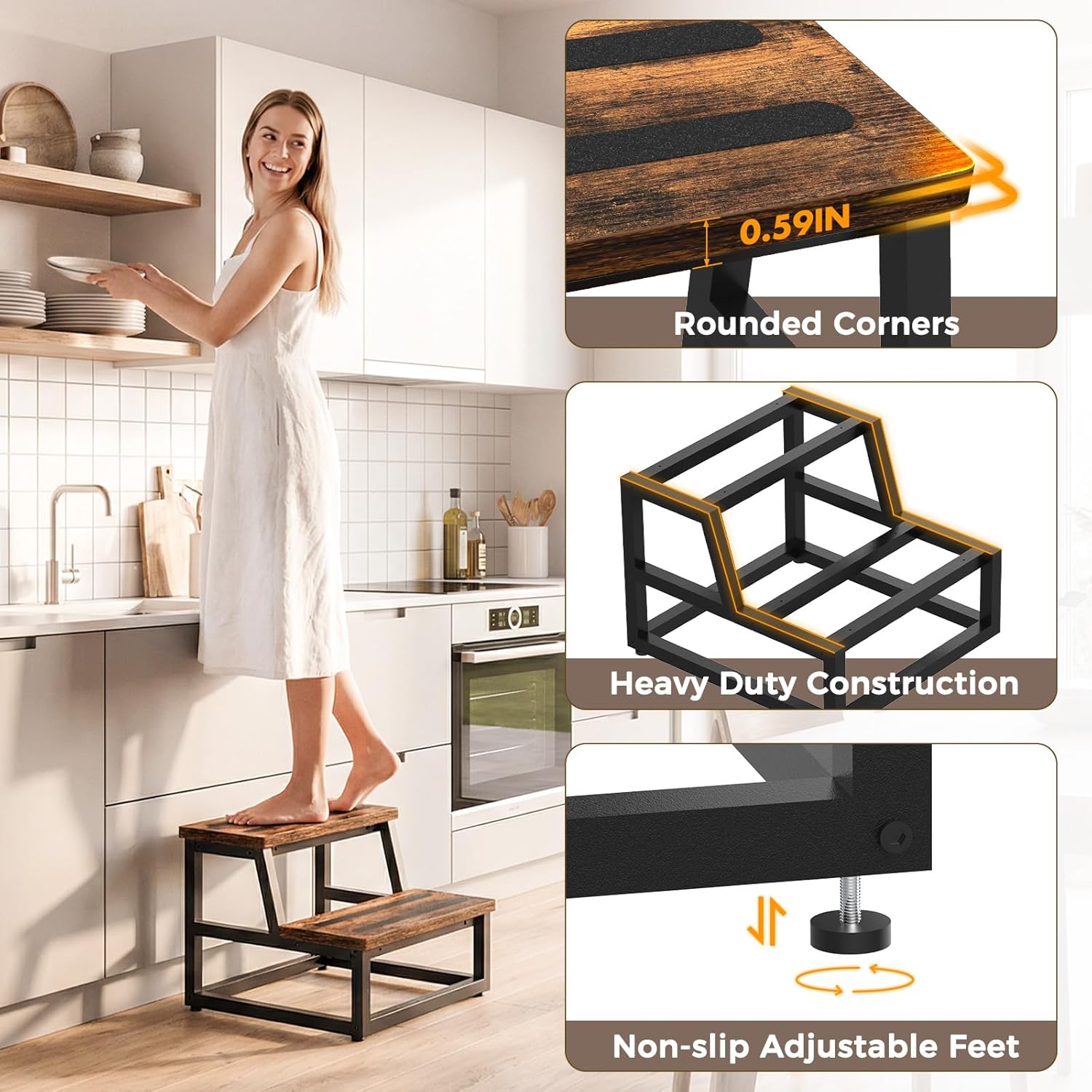 Step Stool, NomNest 2 Step Wooden Ladder Metal Foot Stool Small Kitchen Stool Helper for Toddler Adults, Ladder Chair for Home Bedside Bathroom Sink Potty