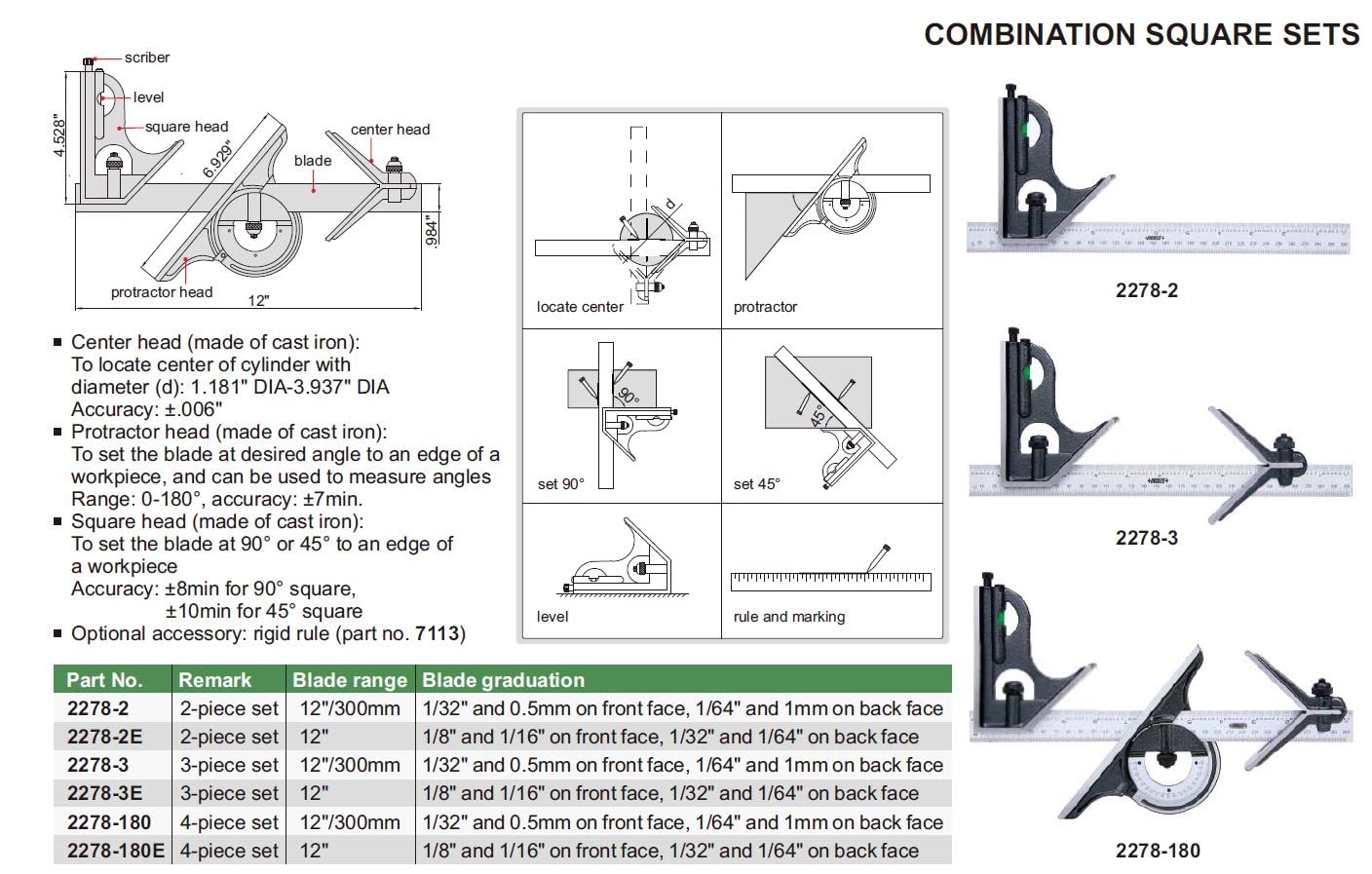 INSIZE 2278-180E Combination Square Set, 1/8", 1/16", 1/32", 1/64" Graduation, silver