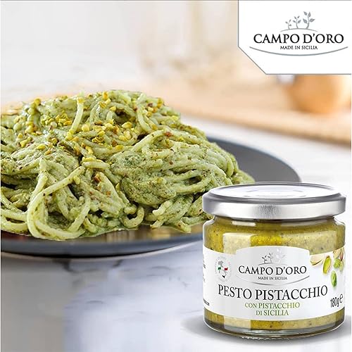 Miniatura 6 de CAMPO D'ORO - Pesto de pistacho, pasta, sin endulzar, salsa de pesto siciliano, salado, cremoso, untable, 6.35oz, Sicilia
