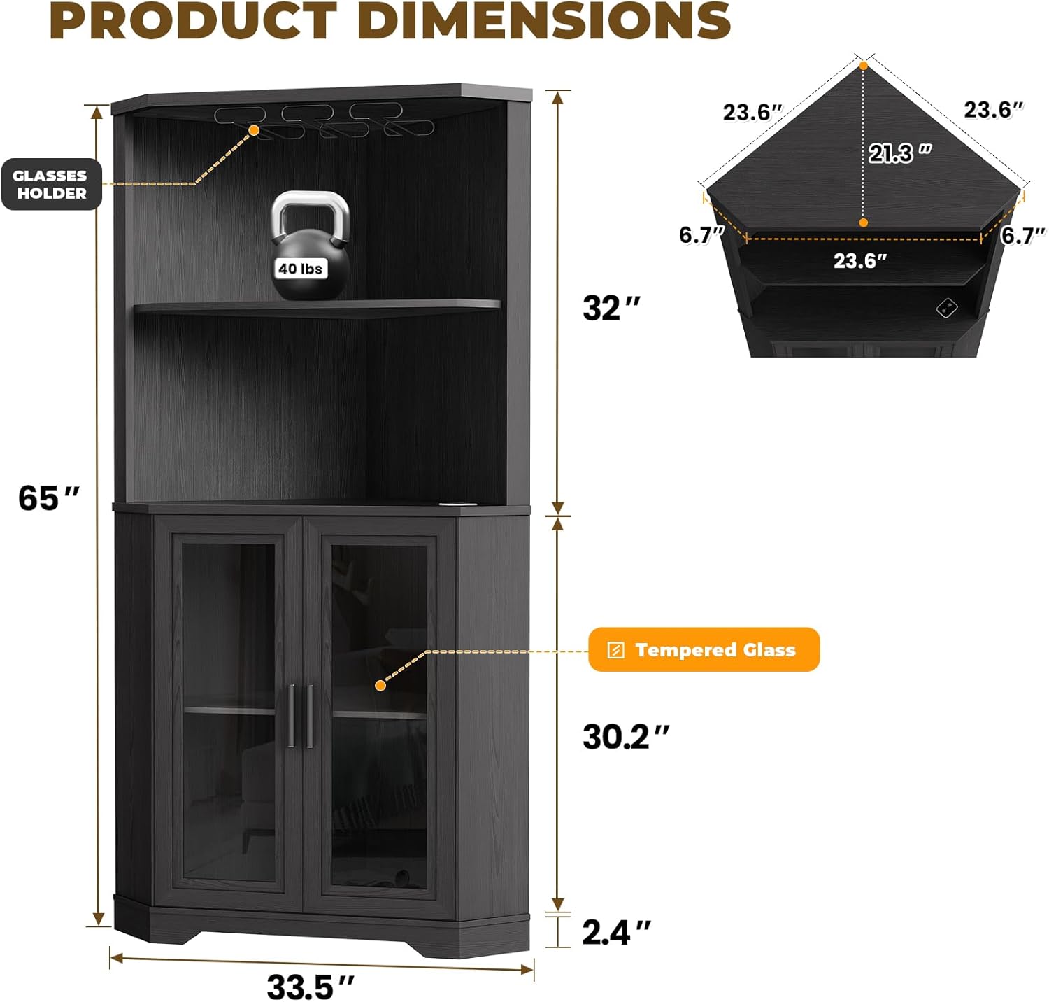 Corner Bar Cabinet with LED Lights, 65" Tall Wine Cabinet with Glass Holder & Tempered Glass Door, 4-Tier Liquor Alcohol Cabinet & Coffee Bar with Human Body Sensor for Dining Room, Black