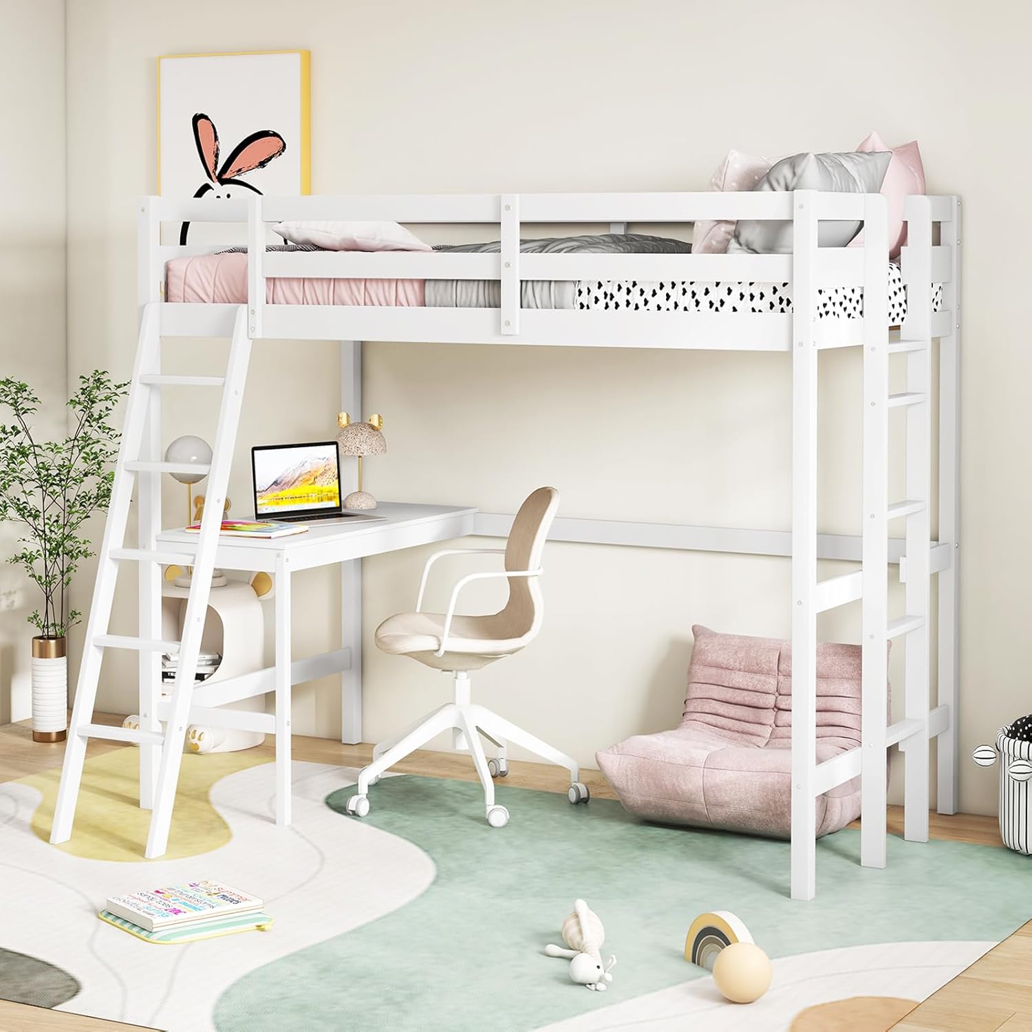 KOMFOTT Twin Loft Bed with Desk, Solid Wood Twin Bed Frame with 2 Ladders, Safety Guardrail for Teenagers, Space-Saving Loft Bed with Wooden Slats Support, No Box Spring Needed (White)