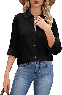 Women Blouses Casual Long Sleeve Button Down Shirts V Neck Cotton Plain ...
