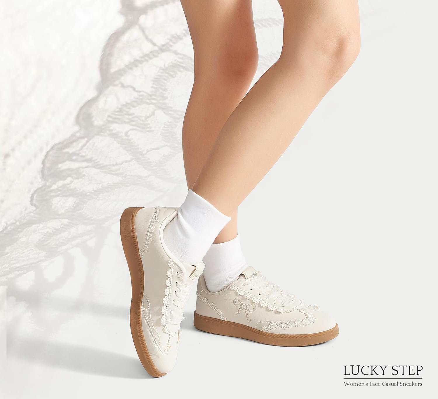 LUCKY STEP Women’s Lace Detail Casual Sneakers Organza Ribbon Lace-Up Fashion Vintage Gum Sole Trendy Cute Shoes