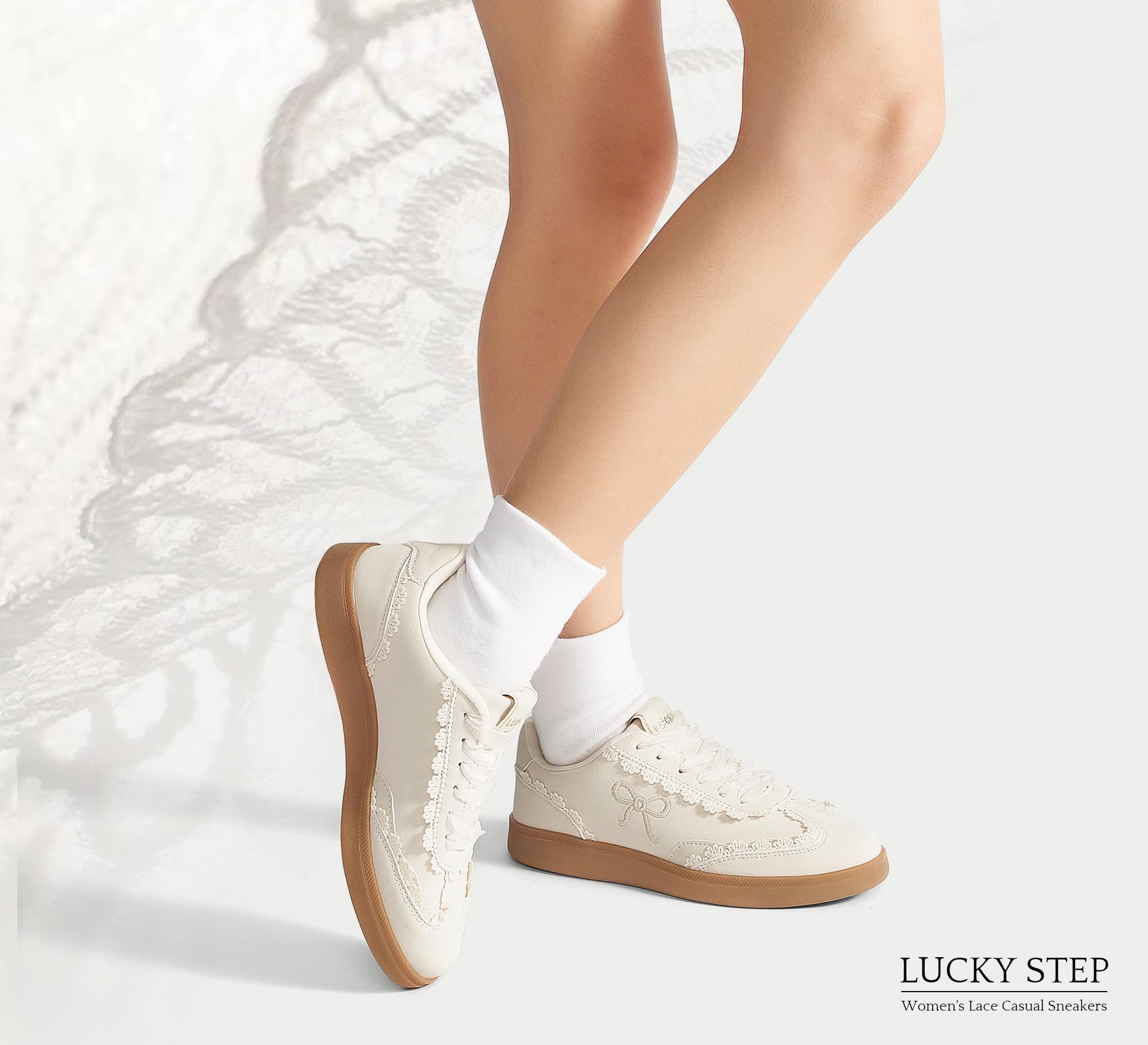 LUCKY STEP Damskie koronkowe detale trampki na co dzień wstążka organza sznurowane moda vintage gumowa podeszwa modne urocze buty