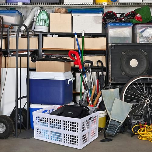 Miniatura 4 de Paquete de 2 cajas de almacenamiento plegables de plástico, 40 L, cesta de almacenamiento plegable apilable grande, color blanco