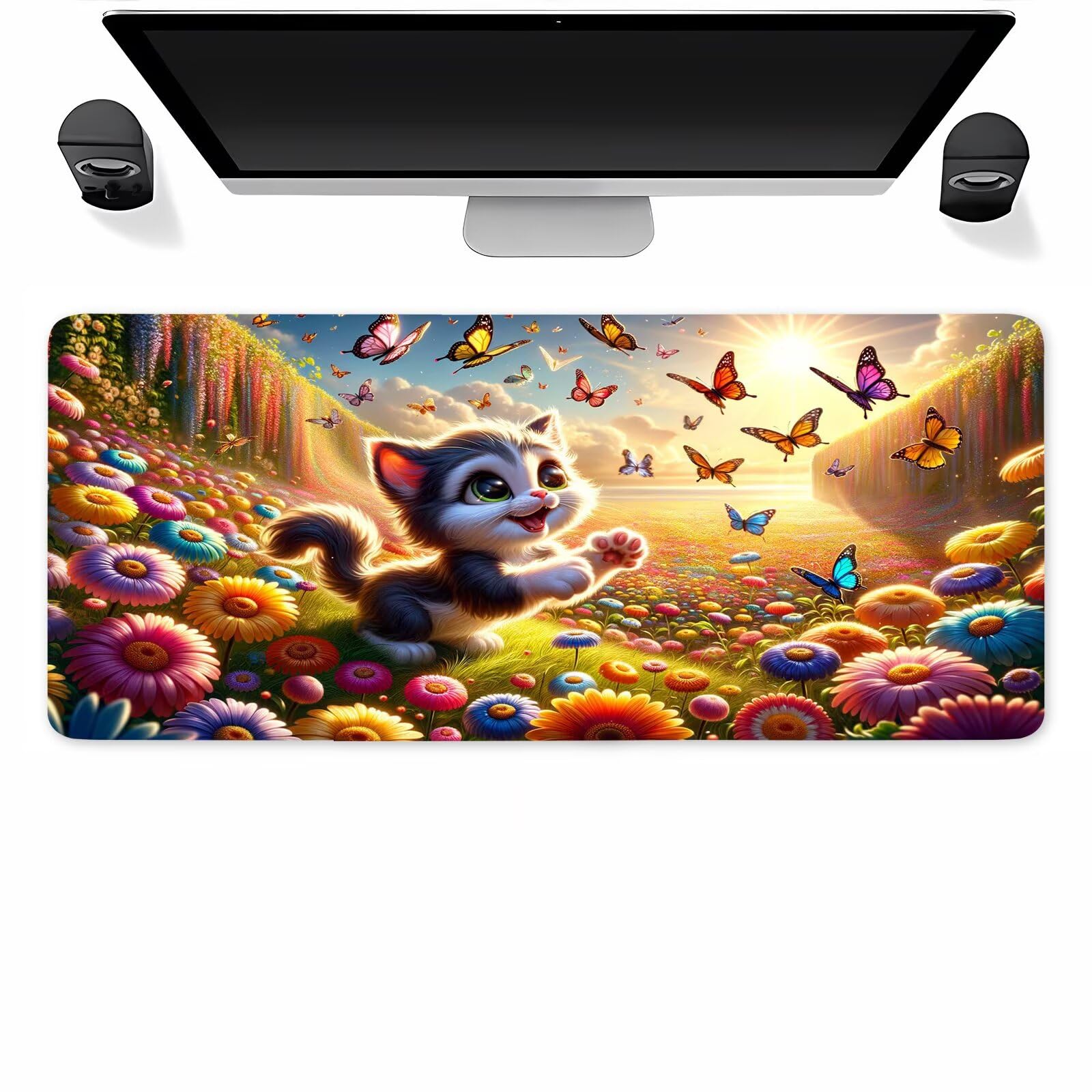 Alfombrilla Ratón XXL 1200 x 600 x 2mm Mariposa Flores Gato Alfombrilla ratón Gaming Antideslizante con Bordes Cosidos,Tapete Escritorio para PC y Portátil