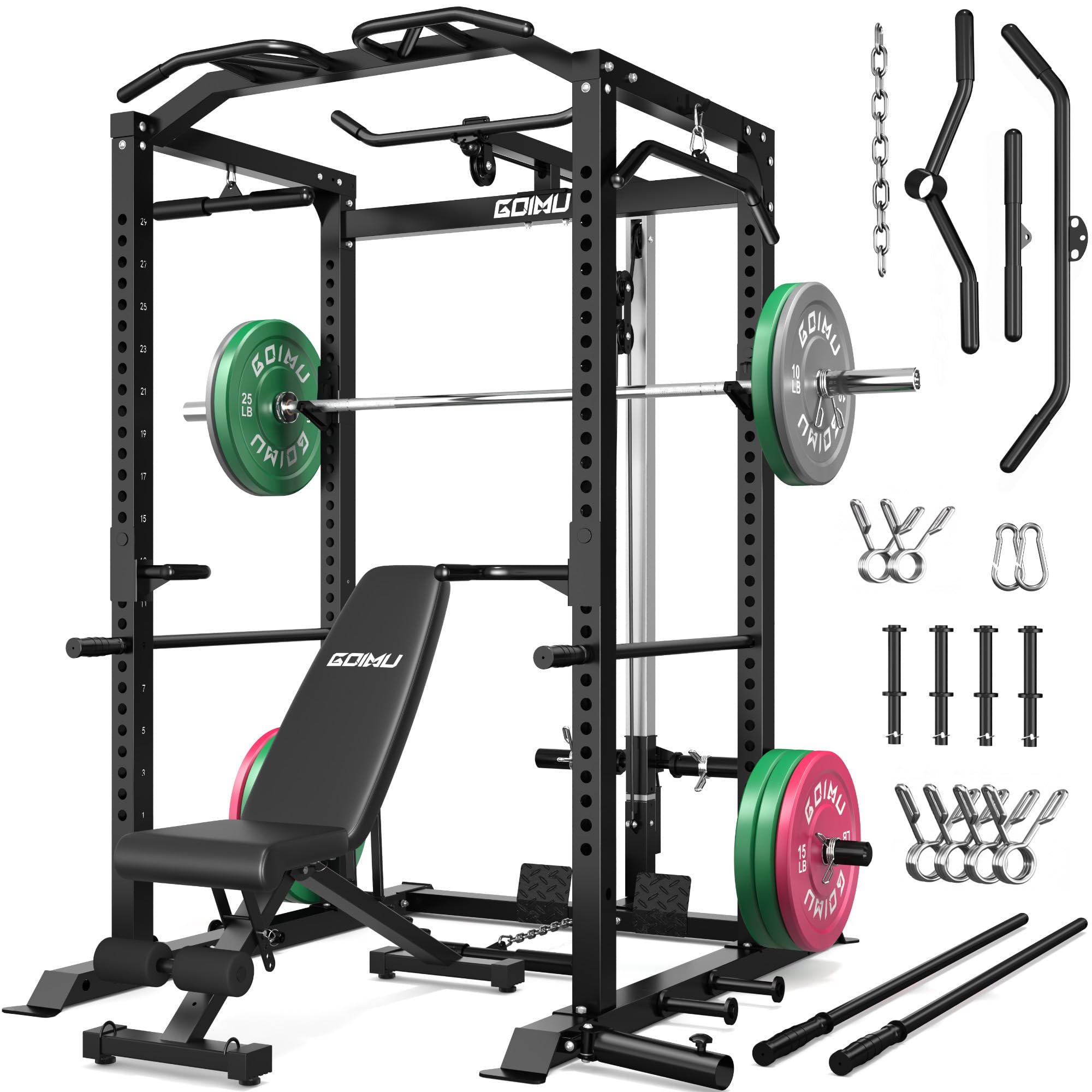 C1-V4 Power Cage, 2000LBS Squat Rack with LAT Pulldown, Multi-Function Weight Cage Strength Training Machine, Workout Cage with More Attachments for Home Gym Garage