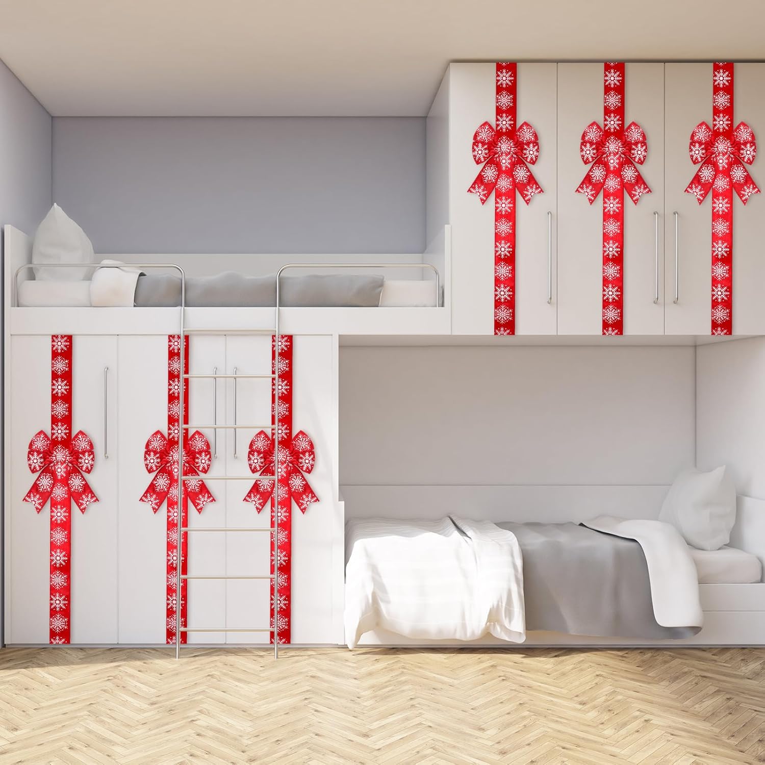 6 Pcs Christmas Cabinet Bows Velvet Door Ribbon Large Winter Festive Ribbons and Bows Snowflake Pattern Christmas Decorations for Cabinets Furniture Kitchen Party Supplies,79 Inch(Red)