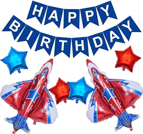 Globos grandes de avión de caza con dibujos animados para fiesta voladora de feliz cumpleaños, globo de papel de aluminio con estrella para niños y