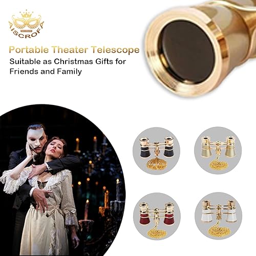 Miniatura 6 de Gafas de ópera de 3 x 25 pulgadas, mini binoculares compactos, ligeros, con cadena para adultos, niños, mujeres, en concierto musical (dorado con