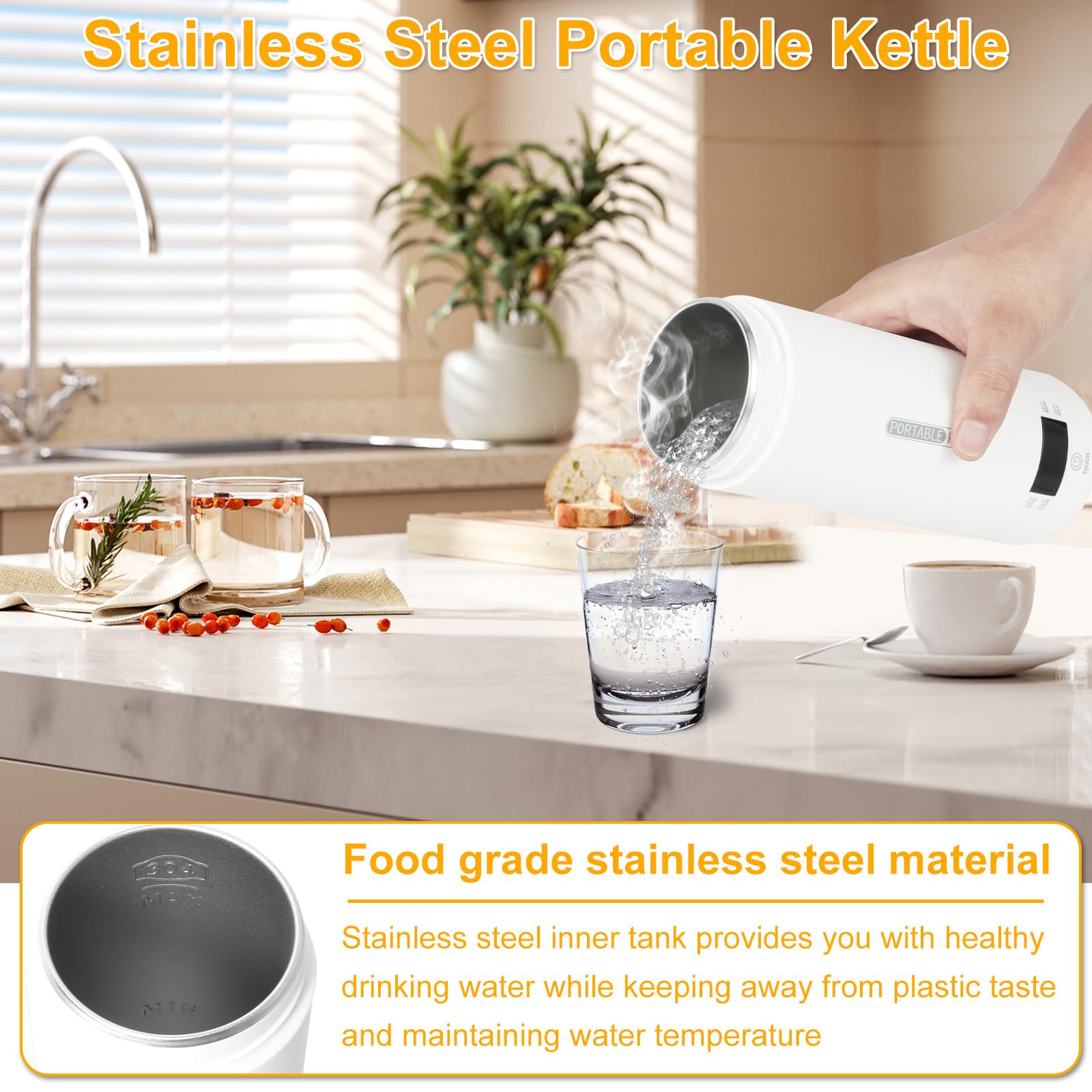 Travel Electric Tea Kettle, Portable Hot Water Boiler, 500ml Coffee Electric Kettle with 4 Temperature Control, 304 Stainless Steel with Auto Shut-Off & Boil Dry Protection, BPA-Free (White)