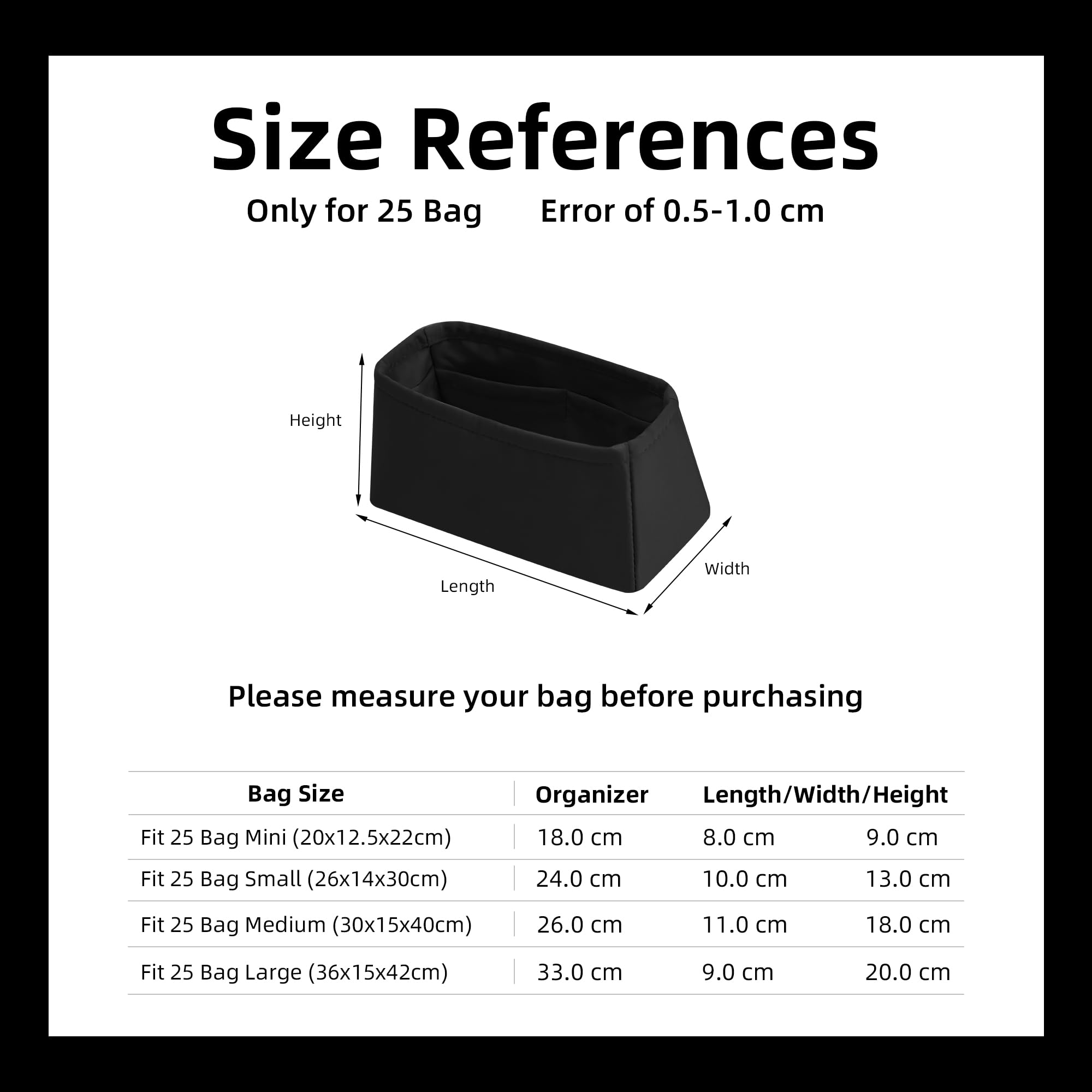 DGAZ Luxus Satin Innen Organizer für Chanel 25 Bag Mini, Schwarz
