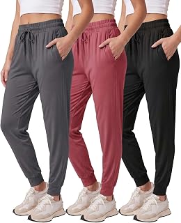 Real Essentials 3 Pack Women's Joggers Sweatpants Lounge Pants Yoga Workout Pajama Pockets