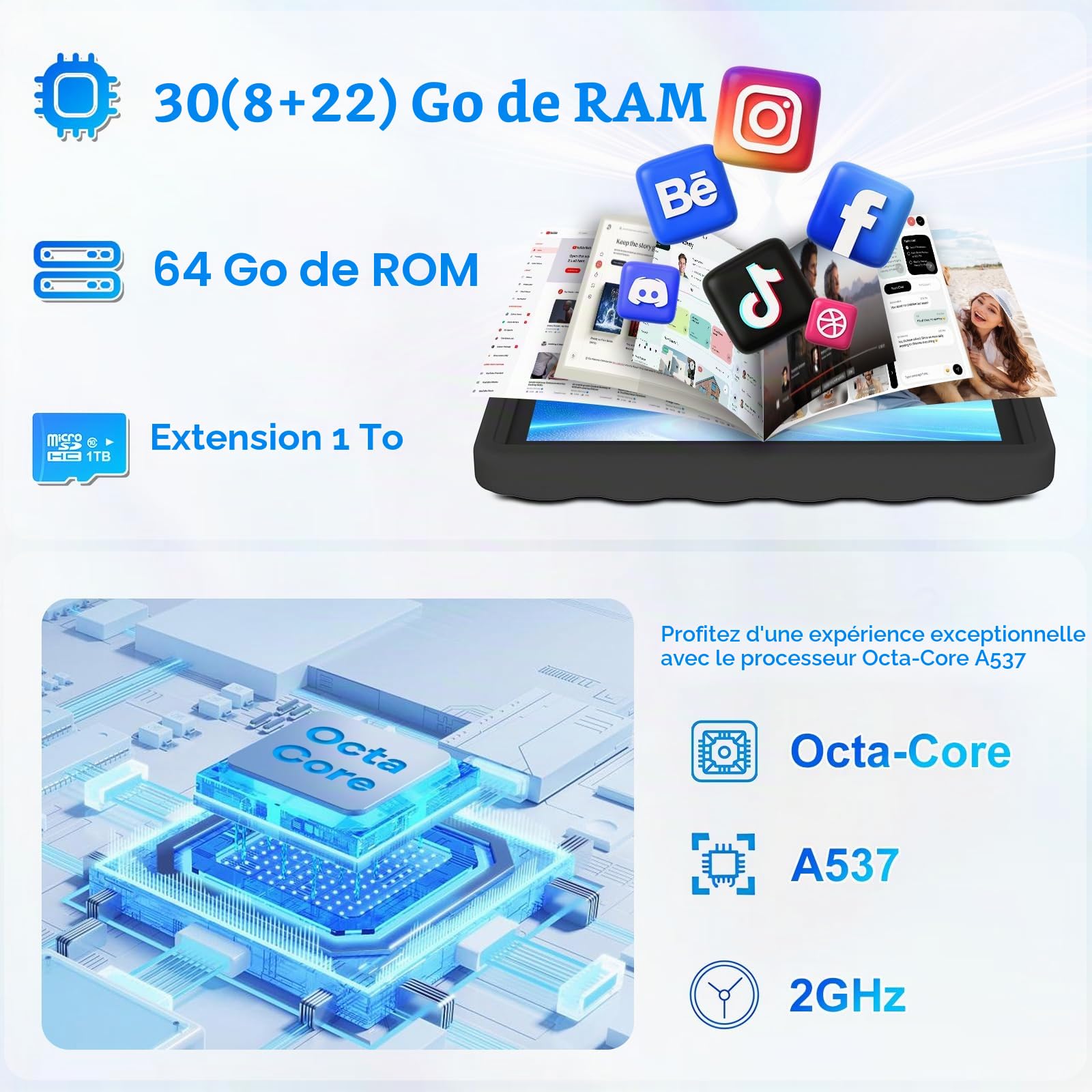 DMOAO Tablette Enfants 10 Pouces Android 15 avec 30Go RAM (TF 2To), 5G WI-FI 6, Widevine L1, Contrôle Parental, 8-Core, Tablette Tactile avec Coque Antichoc EVA + Support Rotatif à 360°,Noir Profond