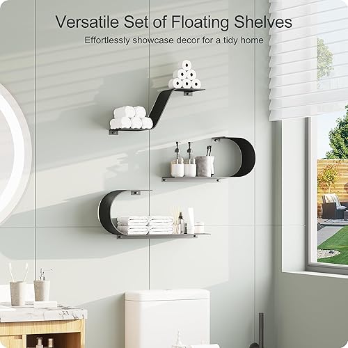 Miniatura 4 de Juego de 3 estantes flotantes negros, decoración de metal negro, estante flotante montado único, estante de pared largo moderno, estantes de pared