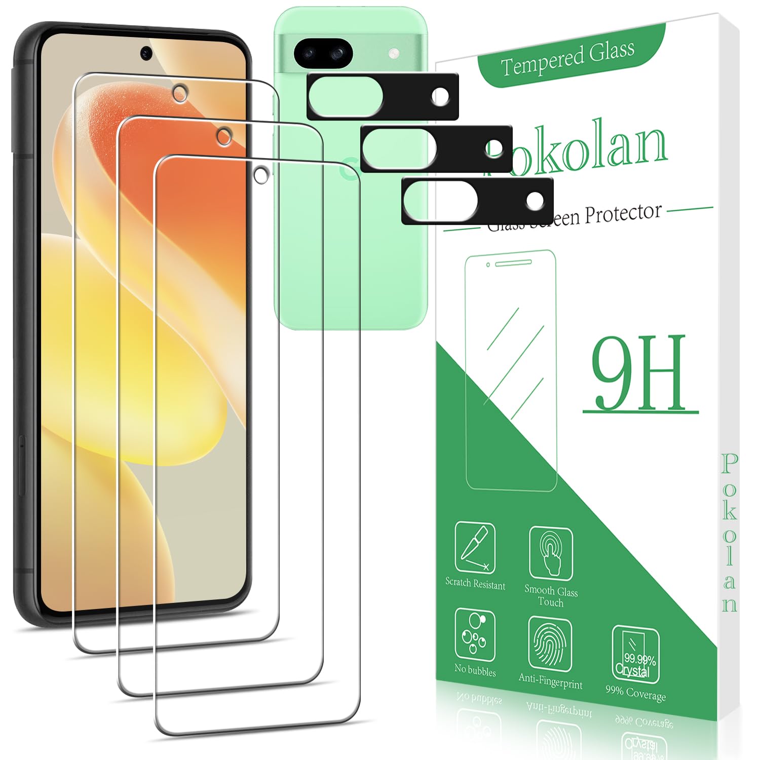 Pokolan 3+3 Pack Screen Protector for Google Pixel 8A Tempered Glass, With Camera Lens Protector, 9H Hardness, Bubble Free