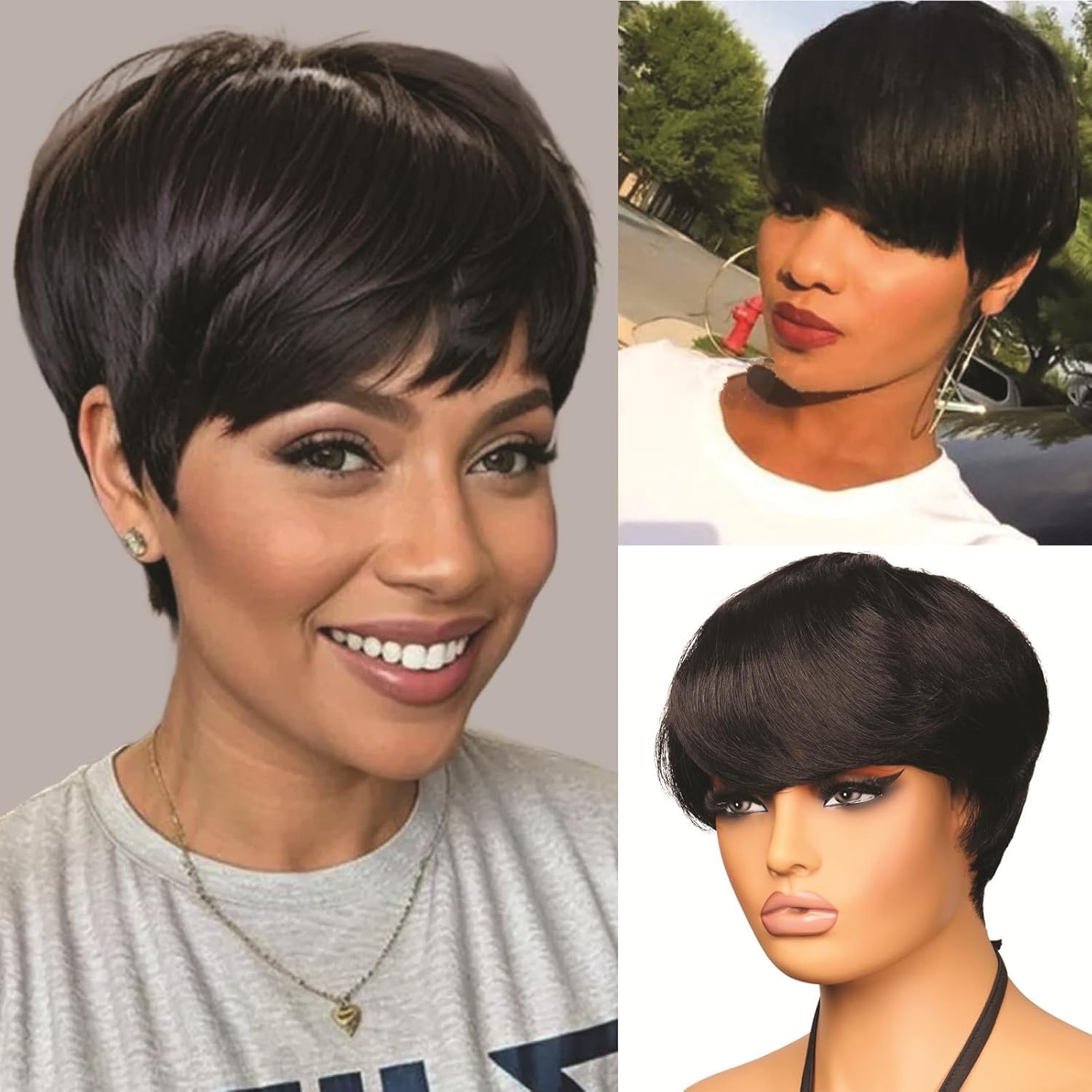 Human Hair Pixie Wigs with Bangs Glueless Straight Black Short Bob for Women Halloween Party Cosplay (Black,6 Inch)